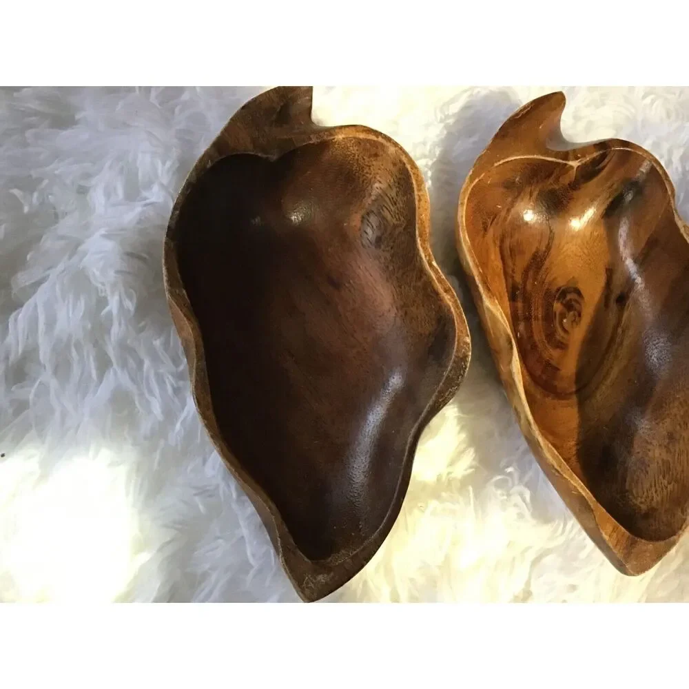Mid Century Wooden Leaf Salad Bowl Set 5 Pc Vintage Primitive Serving Bowls
